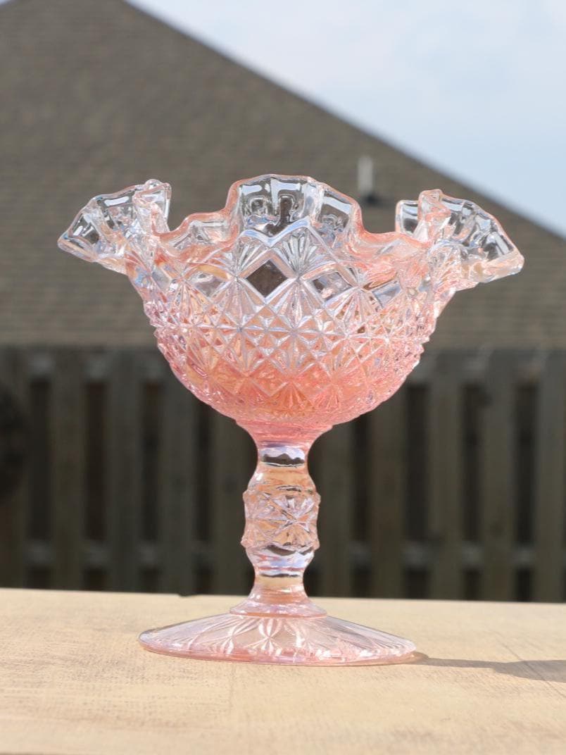 フェントン ピンククレスト Cut & Block オパールセントコンポート Vintage Fenton Pink Opalescent Compote, Vintage Opalescent