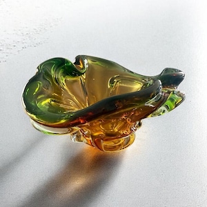 Murano Oval-ish Trinket Dish Ashtray | Green Amber Clear | c.1950s