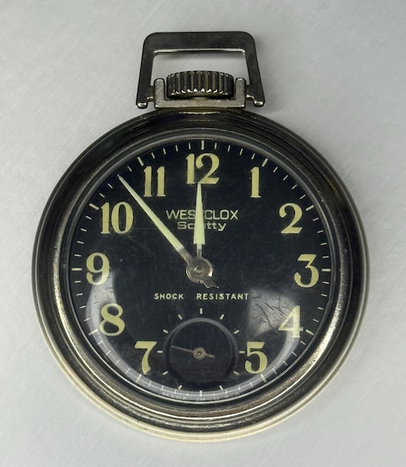 Vintage Westclox Scotty Pocket Watch: Black Dial, Luminous Numbers