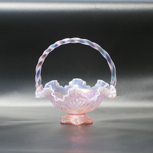 Fenton Pink Opalescent Glass Basket | Leaf Pattern | Twisted Handle | Footed Base | 9.5&quot; Vintage Art Glass