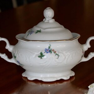 May include: White porcelain sugar bowl with lid, featuring delicate floral designs in blue, green, and pink. The bowl has two handles and a gold trim, adding a touch of elegance to the kitchenware.