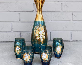 Vintage Teal Glass Decanter Set with 6 Shot Glasses | Italian Gold Floral Barware