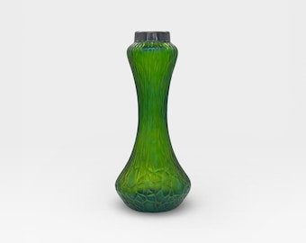 Antique Vase Glass Green Iridescent Hand Blown Silver Rimmed Textured Bohemian Kralik