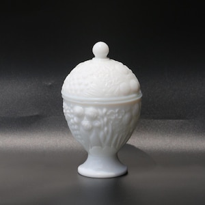 Avon White Milk Glass Pedestal Candy Dish | Lidded Floral Pattern Bowl | Vintage 1960s Decorative Glass