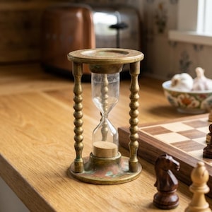 Könnte beinhalten: Eine Sanduhr mit einem verwitterten Messingrahmen, der vier gedrechselte, spindelförmige Säulen sowie runde obere und untere Platten aufweist. Der zentrale Glaskolben enthält feinen beigen Sand, wobei der untere Teil teilweise gefüllt ist.