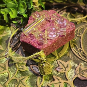 Può includere: Una collezione di piccole bottiglie e fiale di vetro trasparente con tappi di sughero, disposte su una superficie strutturata marrone-rossastra. Una piccola fiala piena è appesa a un cordino di spago. Il fogliame verde circonda gli oggetti.