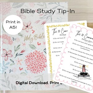 May include: A floral-patterned Holy Bible with a pink and white design, accompanied by two printed sheets listing the Ten Commandments. The text "Bible Study Tip-In" and "Digital Download" are visible.