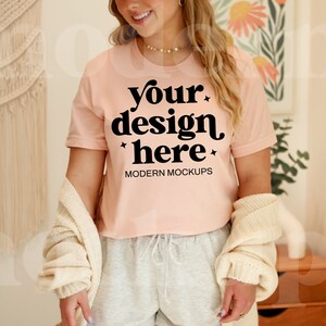 Heather Peach, Bella Canvas 3001, Maqueta de camiseta, BC 3001, Maqueta de camisa, Maqueta de modelo real, Camisa Bella Canvas, Impresión bajo demanda, Tabla de tallas