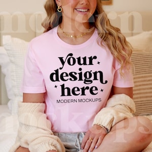 Rosa suave, Bella Canvas 3001, Maqueta de camiseta, BC 3001, Maqueta de camisa, Maqueta de modelo real, Camisa Bella Canvas, Impresión bajo demanda, Tabla de tallas