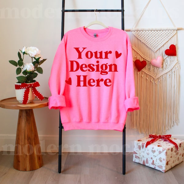 GILDAN 18000 VALENTINES safety pink sweatshirt // hanging mockup sweatshirt mockup print on demand, mockups valentines //  g180 safety pink