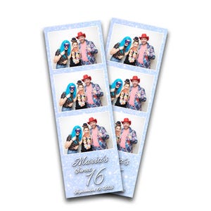 May include: Two photo booth strips with a light blue glitter border. Each strip has three photo sections with people wearing party attire. The bottom of the strips read "Maria's Sweet 16" and "September 19, 2025".