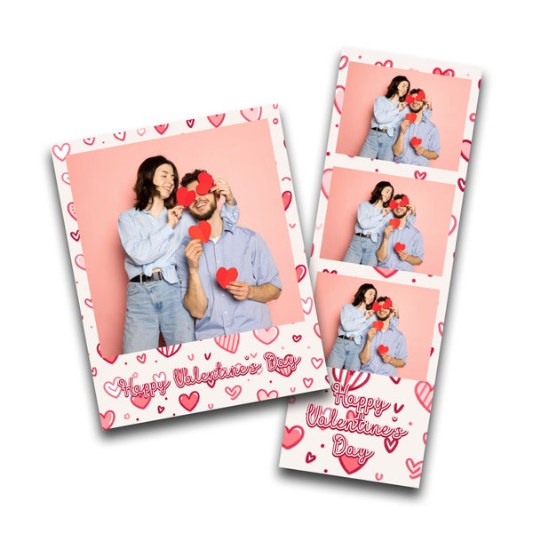 2-in-1 Hand-drawn Hearts Valentine's Day Customizable Photobooth Template Hearts Photo Booth Overlay Photo Strip, Single Photo PSD PNG