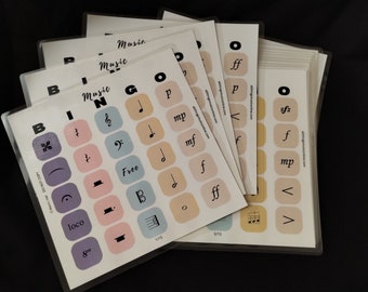 Pode incluir: Um conjunto de 15 cartões de bingo musical com vários símbolos e termos musicais. Os cartões são impressos em papel branco com um esquema de cores rosa claro, azul e amarelo. Os cartões são etiquetados como "Music Bingo" e têm os números 1/15 e 5/15 impressos neles.