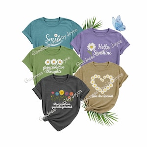 Paquete de camisetas con cita de margaritas (PNG), diseños florales positivos de sublimación, descargas digitales inspiradoras para camisetas, conjunto de imágenes prediseñadas de camisetas bohemias de primavera