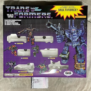 May include: A Transformers Multiforce playset with five robot figures. The figures are in their vehicle forms and are ready to be transformed into robots. The packaging is purple and features the Transformers logo.