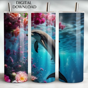 Delfín, vida oceánica, flores, archivo digital PNG, descarga de envoltura de vaso, diseño de sublimación de vaso delgado recto de 20 oz, 9,3" x 8,2"