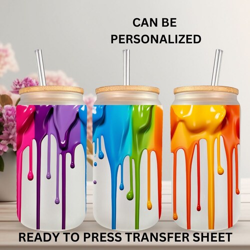 Paint Drip, Rainbow, 3D Puffy, 16 Oz Glass Can, Ready to Press, Sublimation Transfer, Print Out Sheets, Heat Press Use