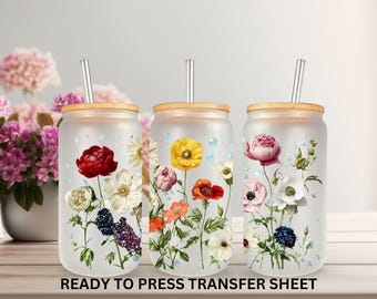 Ready to Press, 16 oz Glass Can Wrap, Dainty Flower, Boho, Sublimation Transfer Wrap, Heat Press Use, Print Out Sheet