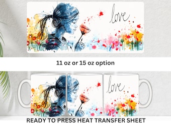 May include: White ceramic mug featuring a watercolor illustration of a woman with long hair holding a red flower. The word "love" is written in cursive. The mug is available in 11 oz or 15 oz options.