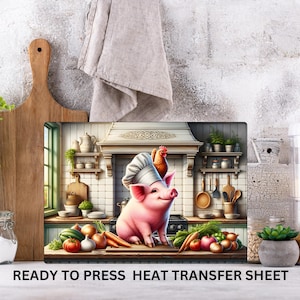 Pig, Chef, Rooster, Funny Farm, Ready to Press Cutting Board Sublimation Transfer, Glass Chopping Board, Print Out Sheet, Heat Press Use