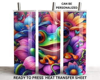 Tree Frogs, Neon, Ready to Press Tumbler Sublimation Transfer, 20 oz Skinny Straight Wrap, Print Out Sheet, Heat Press Use