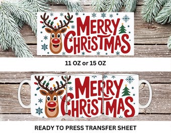 Merry Christmas, Reindeer, Christmas Tree, Ready to Press, Coffee Mug Sublimation Transfer, Print Out Sheet, 11 oz, 15 oz, Heat Press