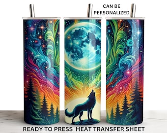 Lobo, luces de neón del norte, listo para imprimir, transferencia para vaso recto delgado de 20 oz, hoja de impresión, uso con prensa de calor