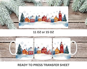 Christmas Village, Winter Wonderland, Santa, Ready to Press, Coffee Mug Sublimation Transfer, Print Out Sheet, 11 oz, 15 oz, Heat Press Use