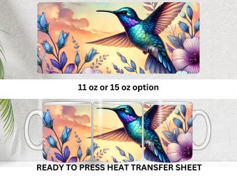 Hummingbird, Flowers, Ready to Press, Coffee Mug Sublimation Transfer, Mug Wrap, Print Out Sheet, 11 oz, 15 oz, Heat Press Use