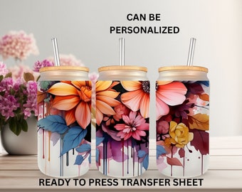 3D Flowers, Paint Drip, Spring, Ready to Press, 16 oz, Glass Can Wrap, Sublimation Transfer, Heat Press Use, Print Out Sheet