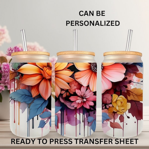 3D Flowers Paint Drip  Spring  Ready to Press  16 oz Libbey Glass Can Wrap   Sublimation Transfer Sheet  Heat Press  Print Out Sheet