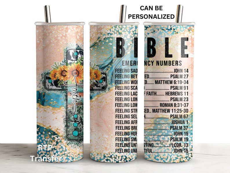 May include: A stainless steel tumbler with a turquoise, gold, and white marble design. A cross with the word "Faith" is centered on the tumbler. The tumbler has a straw and is personalized with the word "BIBLE" and a list of emergency numbers from the Bible.