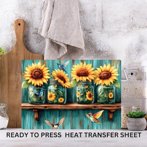 Farm, Sunflowers, Hummingbirds, Ready to Press Cutting Board Sublimation Transfer, Glass Chopping Board, Print Out Sheet, Heat Press Use