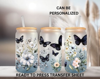 Ready to Press, 16 oz Glass Can Wrap, Flower, Butterflies, Spring, Sublimation Transfer Wrap, Heat Press Use, Print Out Sheet