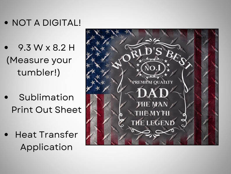 May include: Sublimation print-out sheet for heat transfer application. The design features an American flag background with the text "World's Best No.1 Premium Quality Dad The Man The Myth The Legend".