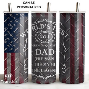 May include: Three stainless steel tumblers with a red, white, and blue American flag design. The center tumbler has the text "World's Best Dad" with a vintage style design. The text "No. 1 Premium Quality" is also included. The tumblers can be personalized.