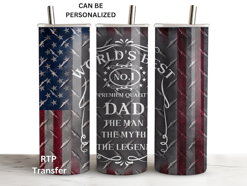 May include: Three stainless steel tumblers with a red, white, and blue American flag design. The center tumbler has the text "World's Best Dad" with a vintage style design. The text "No. 1 Premium Quality" is also included. The tumblers can be personalized.