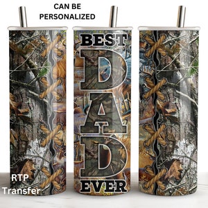 May include: A stainless steel tumbler with a camouflage pattern and the words "Best Dad Ever" in black letters. The tumbler has a brown rope design around the side.