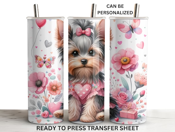 Yorkie Dog, Pink Hearts, Summer Love, Ready to Press Tumbler Sublimation, 20 oz Skinny Straight Tumbler Design, Heat Press Wrap