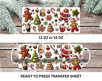 Christmas, Gingerbread, Cookies, Trees, Ready to Press, Coffee Mug Sublimation Transfer, Print Out Sheet, 11 oz, 15 oz, Heat Press Use