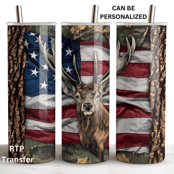 American Flag Deer Hunt Camo Tumbler Wrap  Ready To Press Sublimation 20 oz Skinny Tumbler Transfer Print Off Transfer