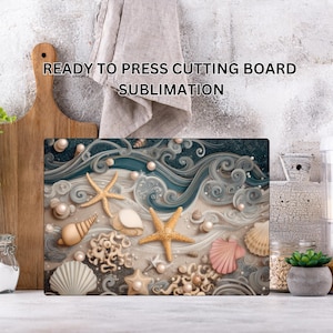 May include: Rectangular cutting board with a beach-themed design. The artwork features starfish, seashells, and pearls on a sandy background with stylized waves. The text "READY TO PRESS CUTTING BOARD SUBLIMATION" is printed on the top.
