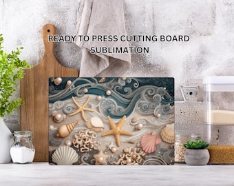 May include: Rectangular cutting board with a beach-themed design. The artwork features starfish, seashells, and pearls on a sandy background with stylized waves. The text "READY TO PRESS CUTTING BOARD SUBLIMATION" is printed on the top.