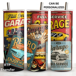 May include: Three vintage-style metal tumblers with a red, white, and blue color scheme. Each tumbler features a different design with a classic car and the words "Full Service Garage".
