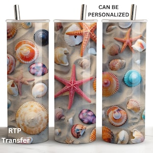 May include: Three stainless steel tumblers with a beach theme. The tumblers feature a design of seashells, starfish, and sand. The text "CAN BE PERSONALIZED" is printed on the top of the tumblers.
