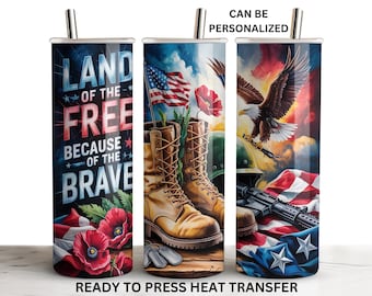 Land of the Free, America, Patriotic, Ready to Press Tumbler Transfer Sublimation Wrap, 20 oz Skinny Straight Design, Print Out Sheet