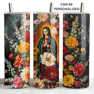 May include: A set of three stainless steel tumblers with floral designs and the text "CAN BE PERSONALIZED" and "RTP Transfer". The tumblers feature a dark background with colorful flowers and an image of the Virgin Mary.