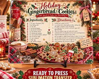 Receta de galletas de jengibre navideñas, transferencia por sublimación lista para prensar sobre tabla de cortar de vidrio, Navidad