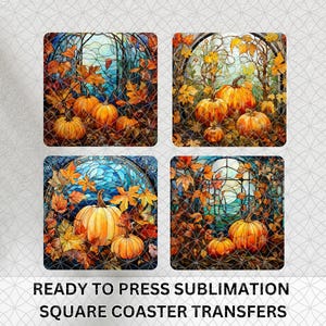 May include: Four square sublimation coaster transfers featuring stained glass style illustrations of orange pumpkins surrounded by autumn leaves and branches. The designs incorporate blue and gold tones with intricate grid patterns throughout the images.