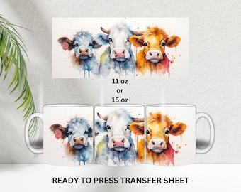 Cows, Calf, Farm, Country, Watercolor, Ready to Press, Coffee Mug Sublimation Transfer, Print Out Sheet, 11 oz, 15 oz, Heat Press Use